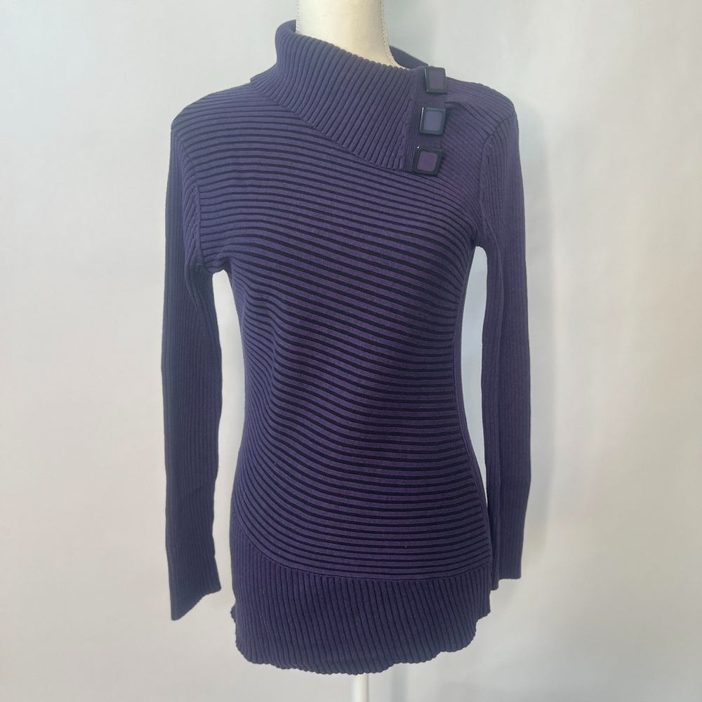 Spanner Size S button Up Turtleneck Cowl Purple Black Stretchy Sweater